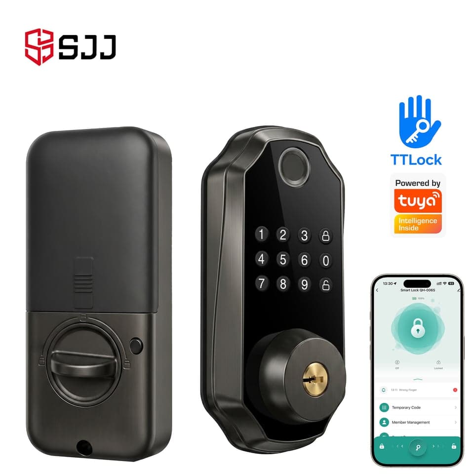SJJ Fingerprint Deadbolt Hotel/Office — unlock: Fingerprint, Card, Password, Key — Tuya/TTLock app — SJJ wholesale