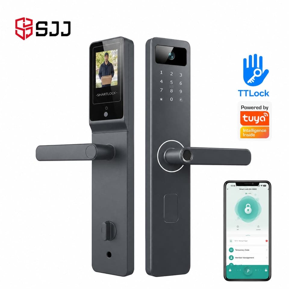 SJJ Fingerprint Lever Lock Premium — unlock: Fingerprint, Card, Password, Key — Tuya/TTLock app — SJJ wholesale