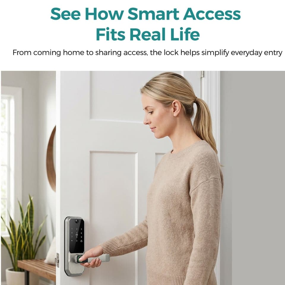 Woman unlocking SJJ WiFi peephole camera lock with fingerprint on a white residential door