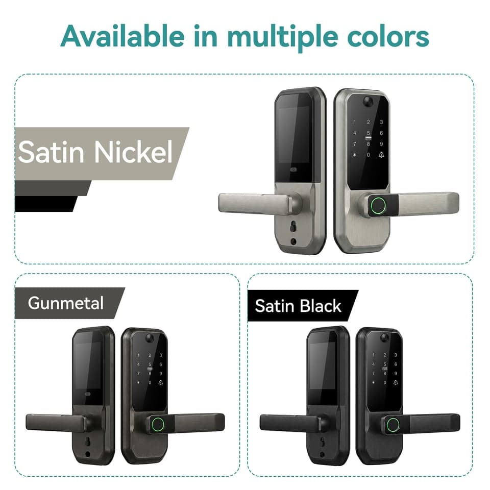 SJJ WiFi peephole camera lock color options — Satin Nickel, Gunmetal, and Satin Black finishes
