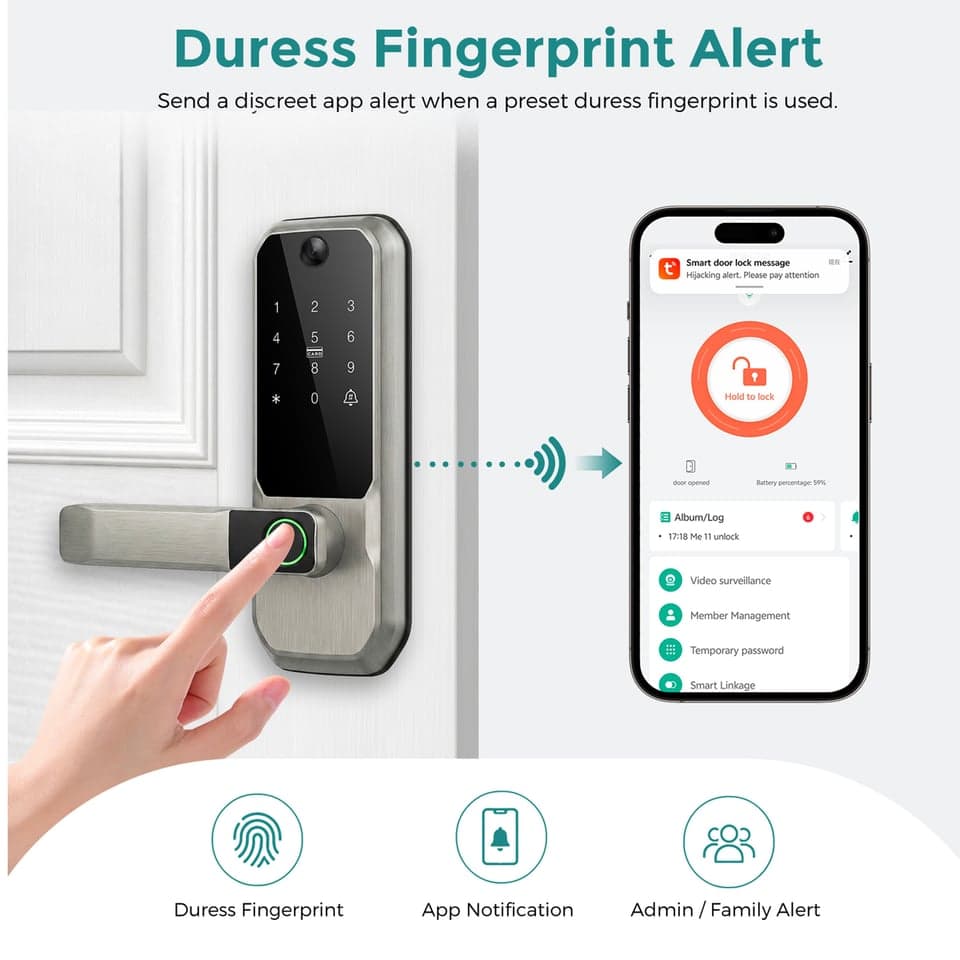 SJJ WiFi peephole lock duress fingerprint alert sending a silent hijacking warning to the admin app