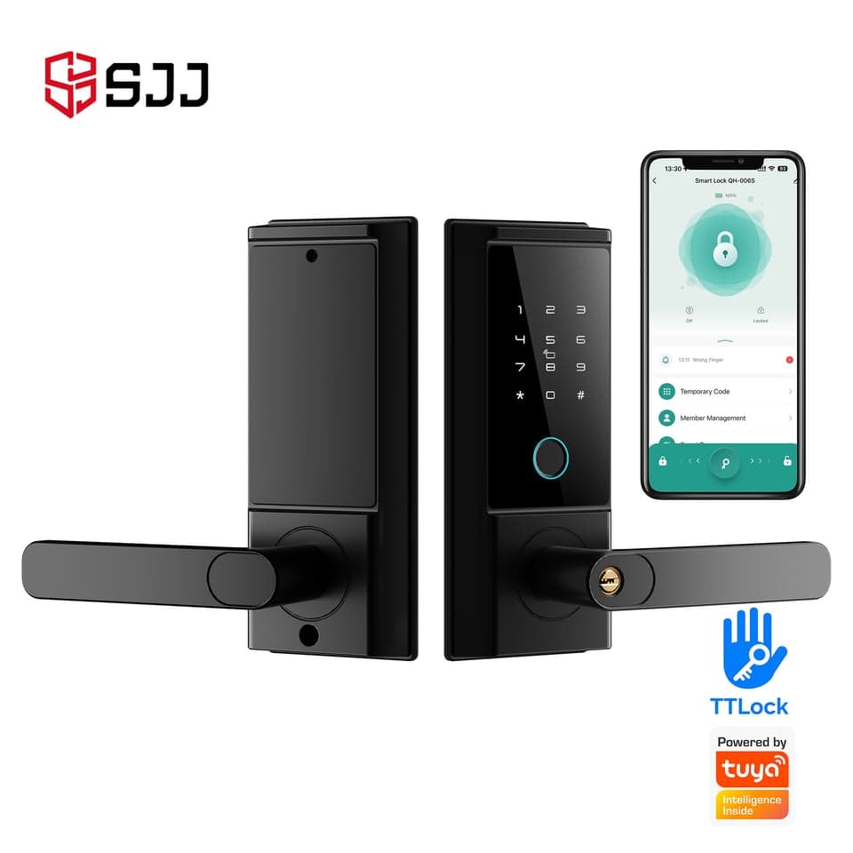 SJJ Aluminum Door Fingerprint Lever Mid — unlock: Fingerprint, Card, Password, App — Tuya/TTLock app — SJJ wholesale