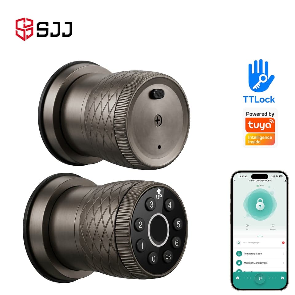 SJJ Aluminum Fingerprint Knob Lock — unlock: Fingerprint, Password, Key, App — Tuya/TTLock app — SJJ wholesale