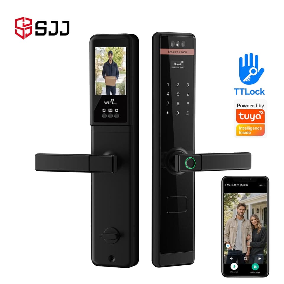 SJJ Aluminum Fingerprint Lever Lock — unlock: Fingerprint, Face Recognition, Card, Password — Tuya/TTLock app — SJJ wholesale