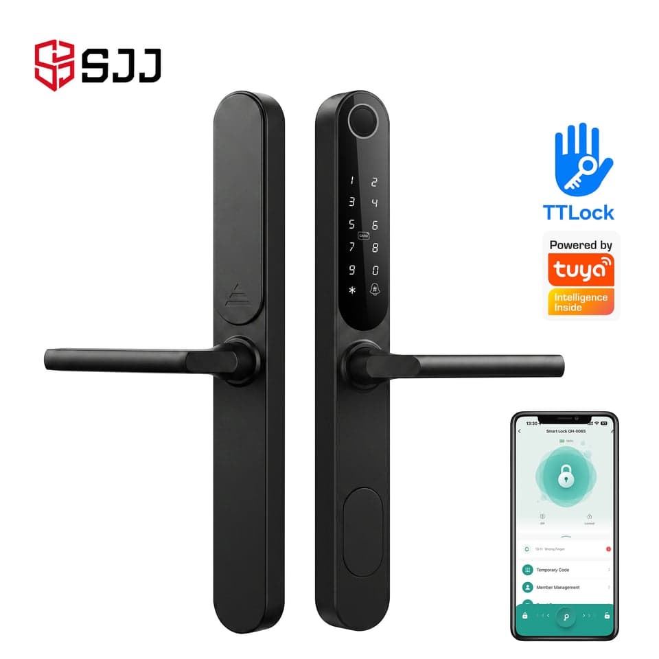 SJJ Aluminum Narrow Frame Lock — unlock: Fingerprint, Card, Password, Key — Tuya/TTLock app — SJJ wholesale
