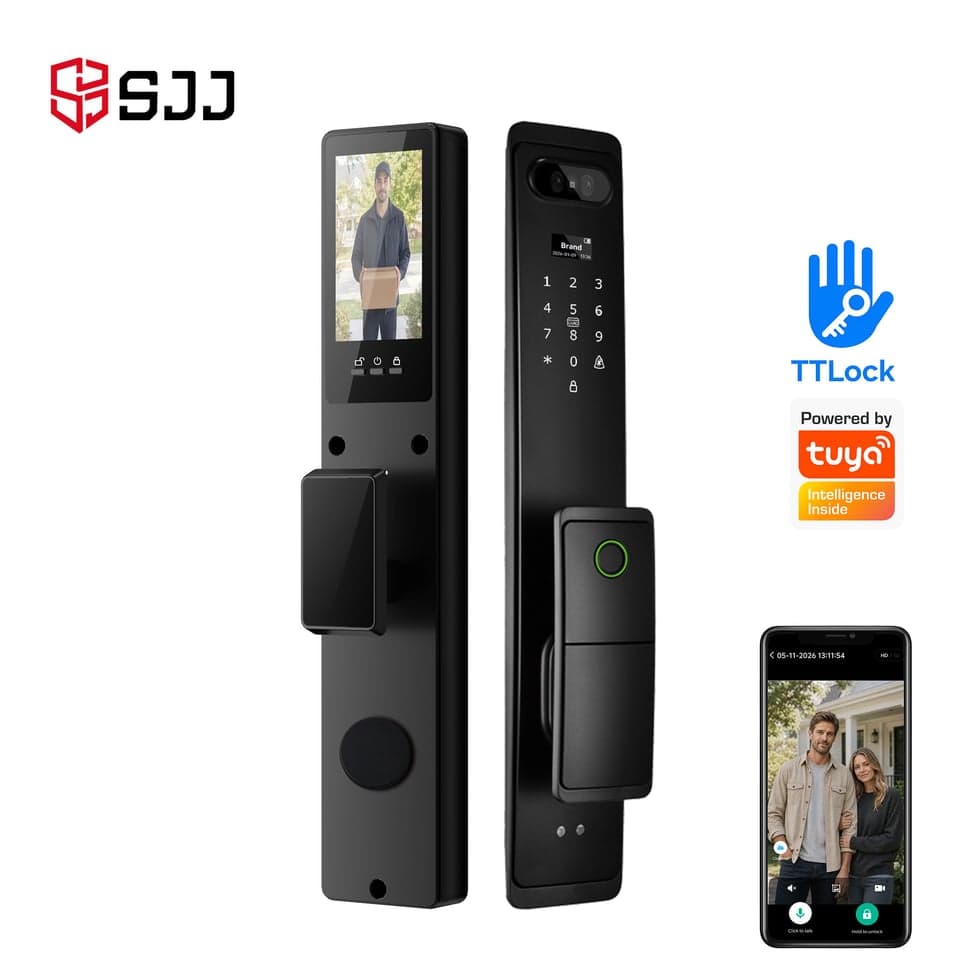 SJJ WiFi Full Auto Lock Mid Plus — unlock: Fingerprint, Face Recognition, Card, Password — video peephole — face unlock — SJJ wholesale