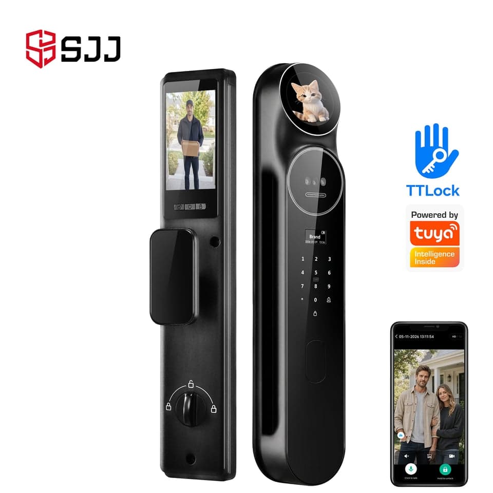 SJJ WiFi Full Auto Lock Standard Plus — unlock: Fingerprint, Face Recognition, Card, Password — video peephole — face unlock — SJJ wholesale